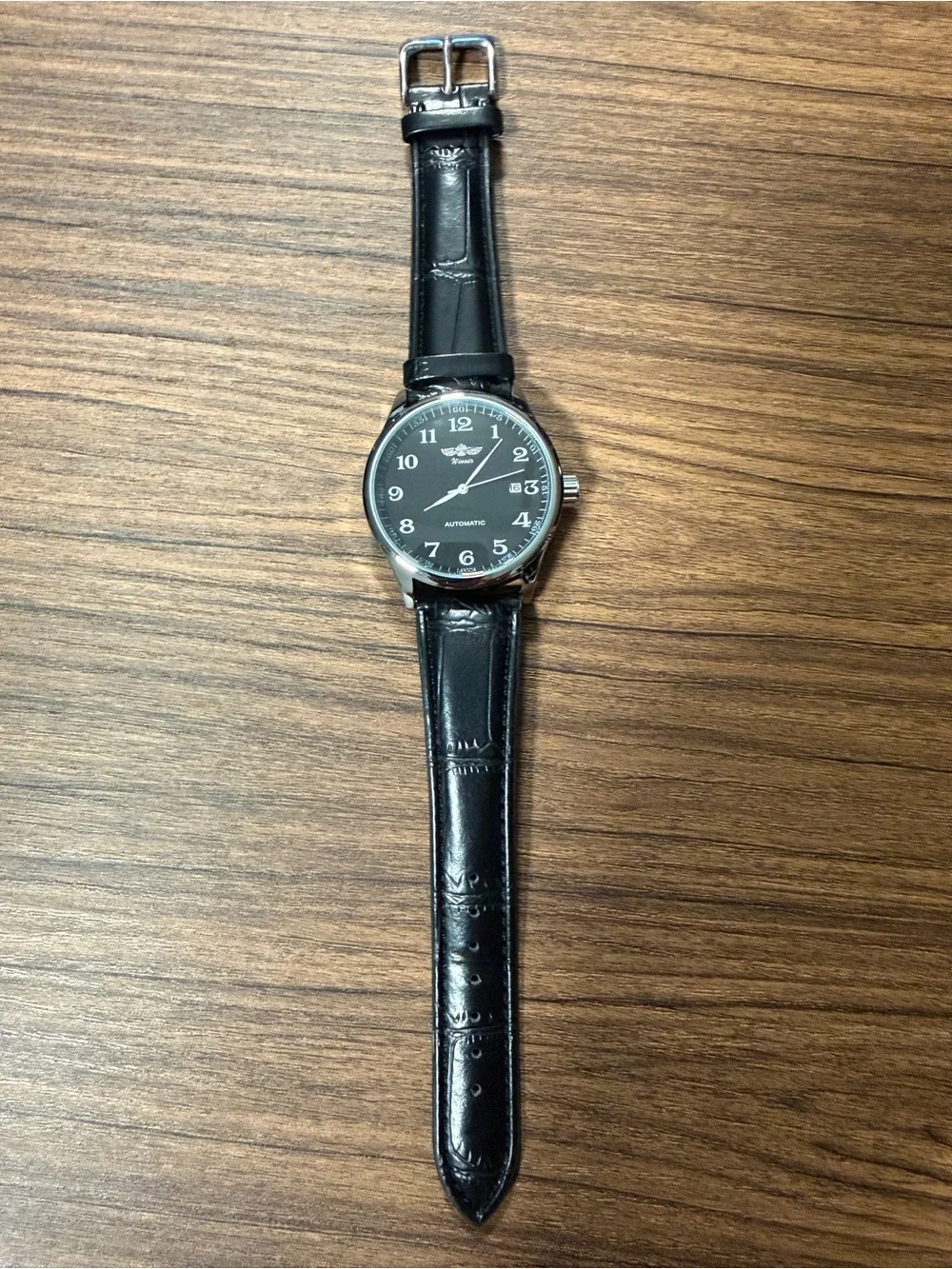 Black Leather Strap Men's Watch with Silver Case - Unbranded